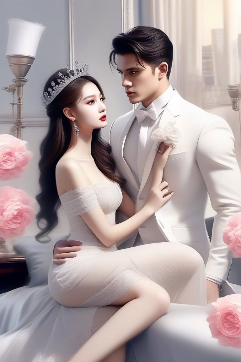 Similar like foto but human version, women in A dress look beautiful with white skin look at man, and man look poker face,  gantle and handsome and sexy abs