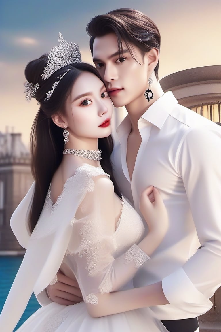 Similar like foto but human version, women in A dress look beautiful with white skin look at man, and man look poker face,  gantle and handsome and sexy abs