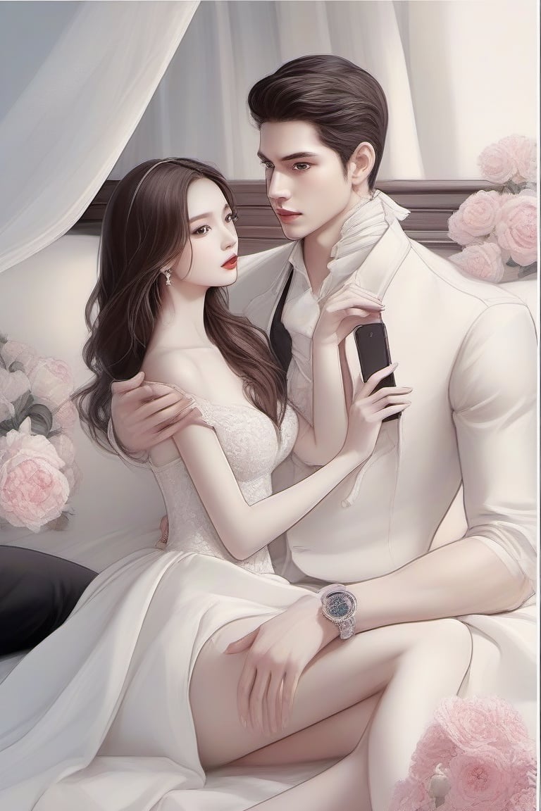 Similar like foto but human version, women in A dress look beautiful with white skin and man look poker face,  gantle and handsome 