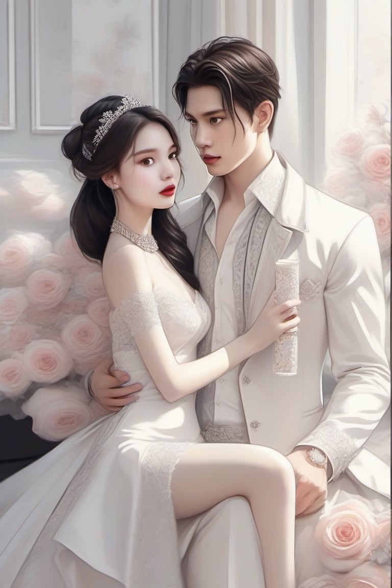 Similar like foto but human version, women in A dress look beautiful with white skin look at man, and man look poker face,  gantle and handsome and sexy abs