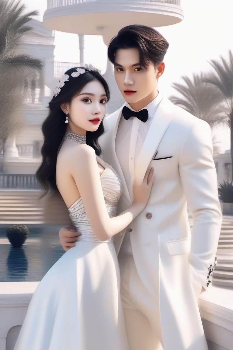 Similar like foto but human version, women in A dress look beautiful with white skin look at man, and man look poker face,  gantle and handsome and sexy abs