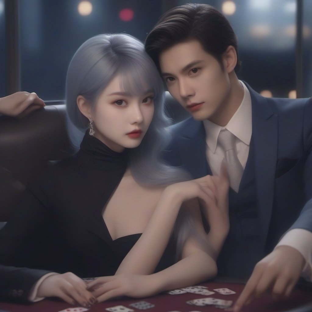 Similar like foto but human version, men in blue suit look poker face and manly, women in black mini dress look beautiful with white skin, man in grey suit look playboy face