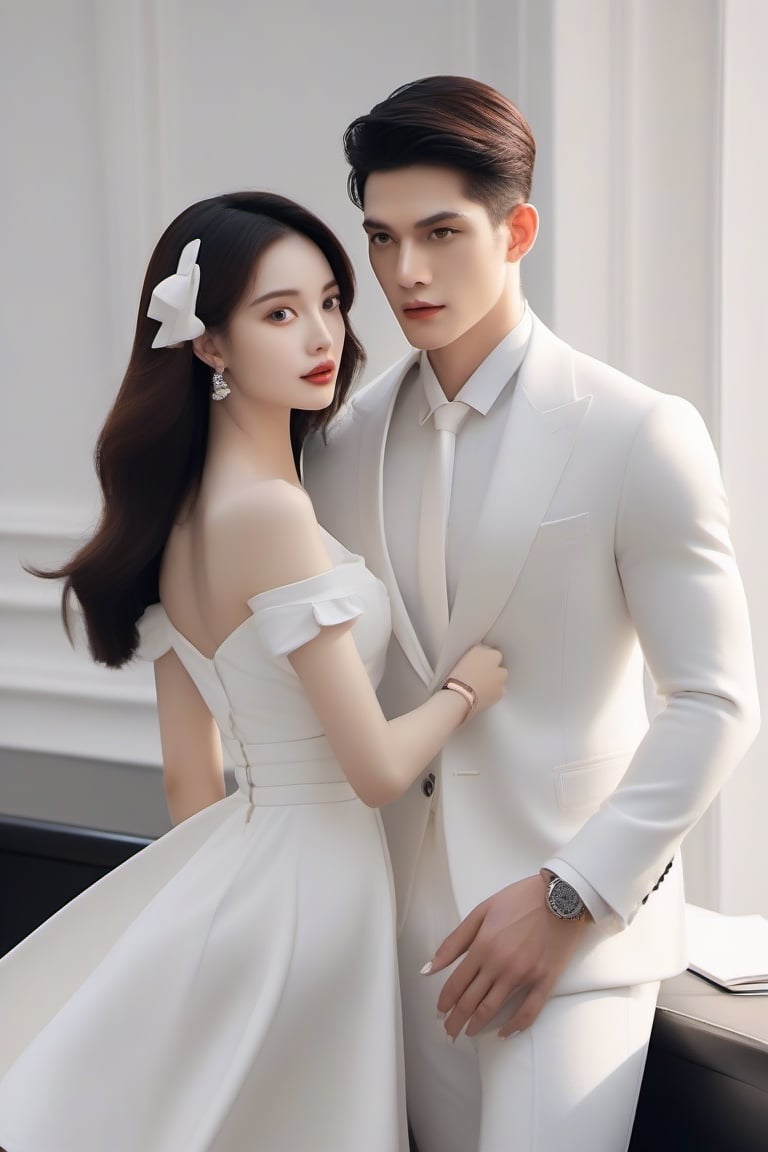 Similar like foto but human version, women in A dress look beautiful with white skin look at man, and man look poker face,  gantle and handsome and sexy abs