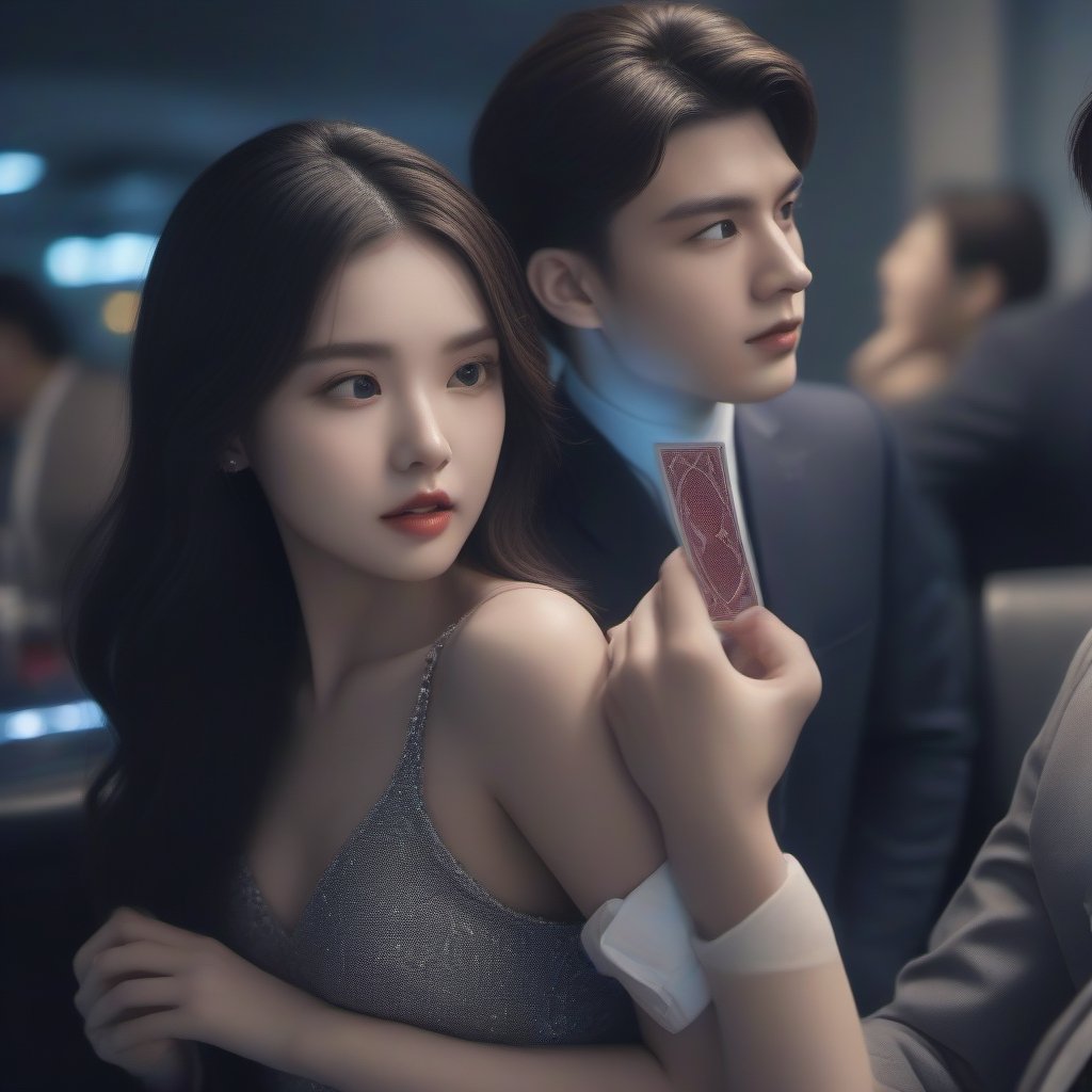 Similar like foto but human version, men in blue suit look poker face and manly, women in black mini dress look beautiful with white skin, man in grey suit look playboy face