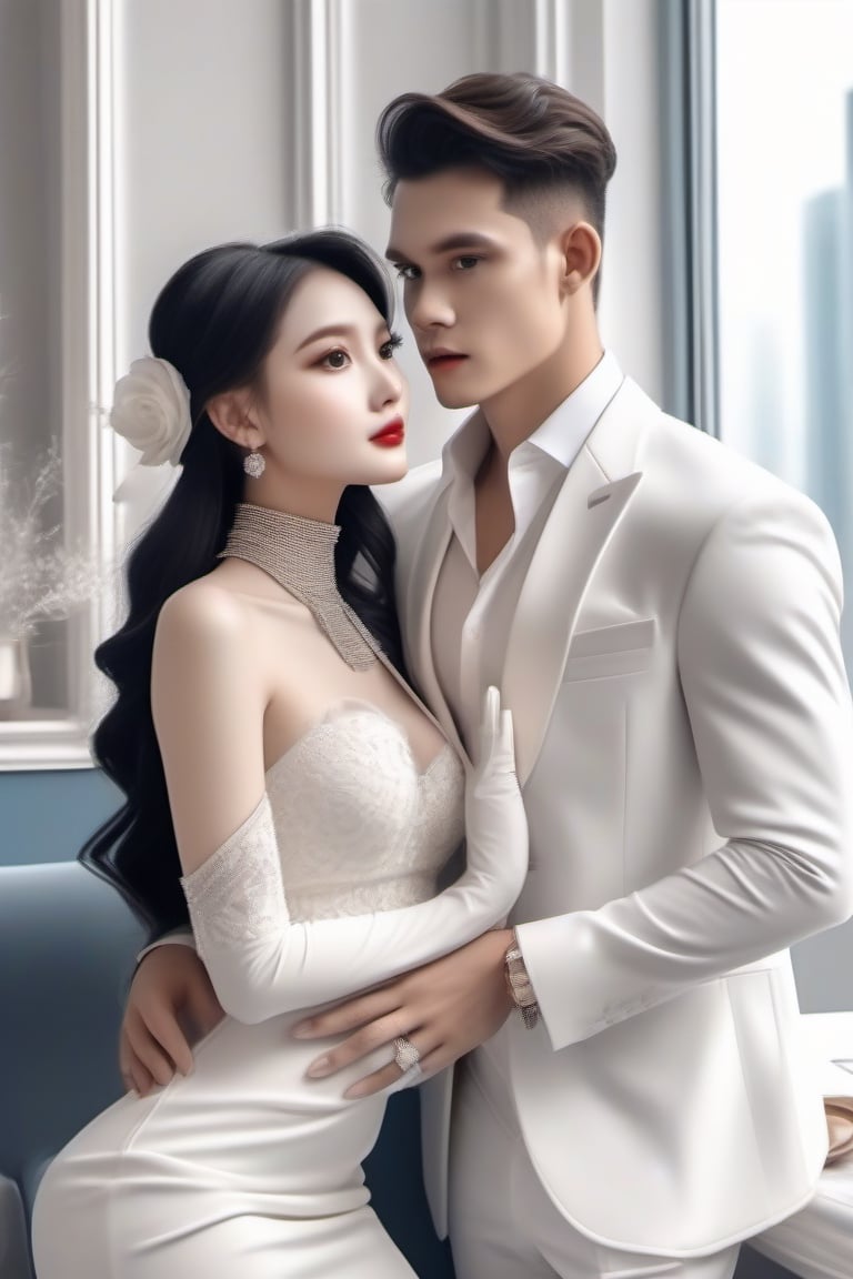 Similar like foto but human version, women in A dress look beautiful with white skin look at man, and man look poker face,  gantle and handsome and sexy abs