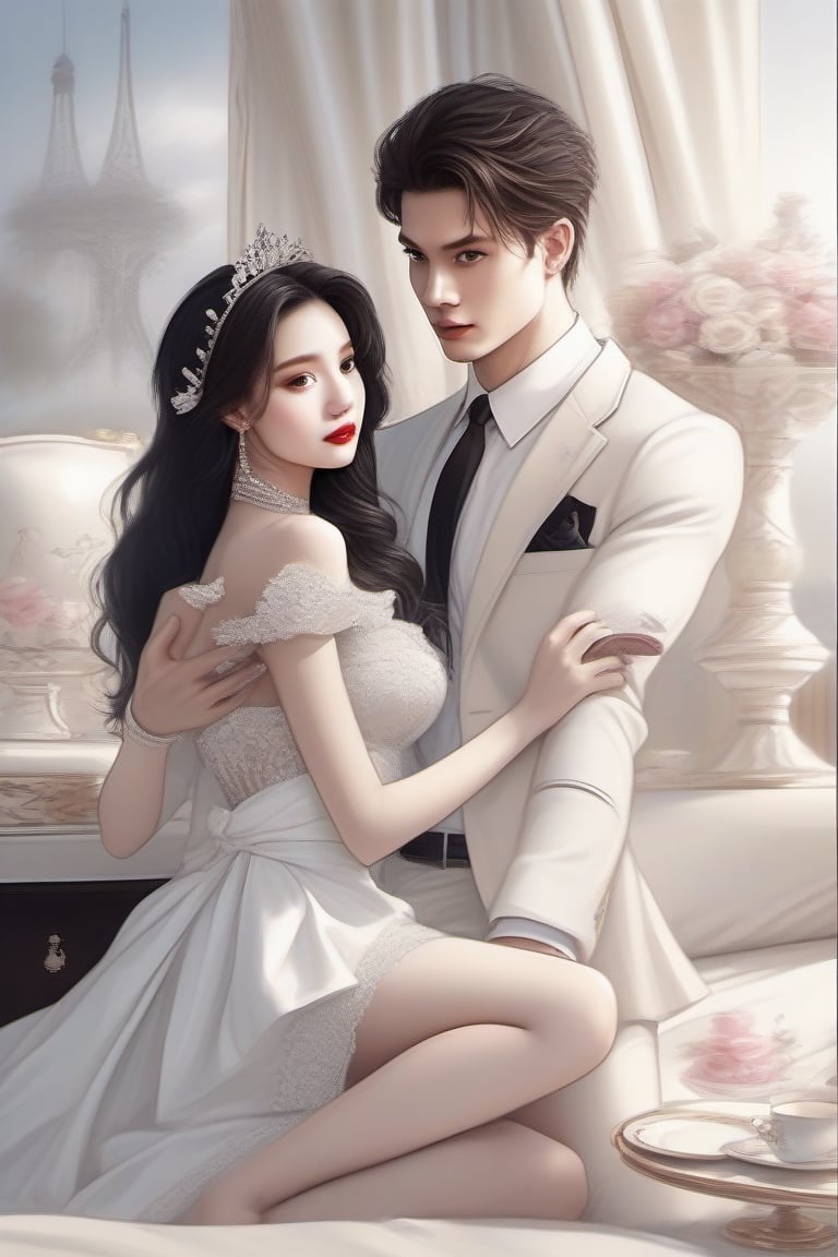 Similar like foto but human version, women in A dress look beautiful with white skin look at man, and man look poker face,  gantle and handsome and sexy abs