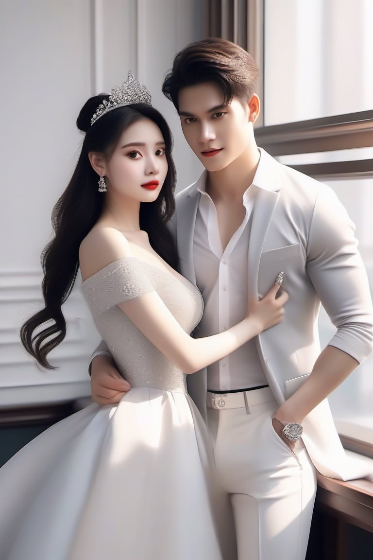 Similar like foto but human version, women in A dress look beautiful with white skin look at man, and man look poker face,  gantle and handsome and sexy abs