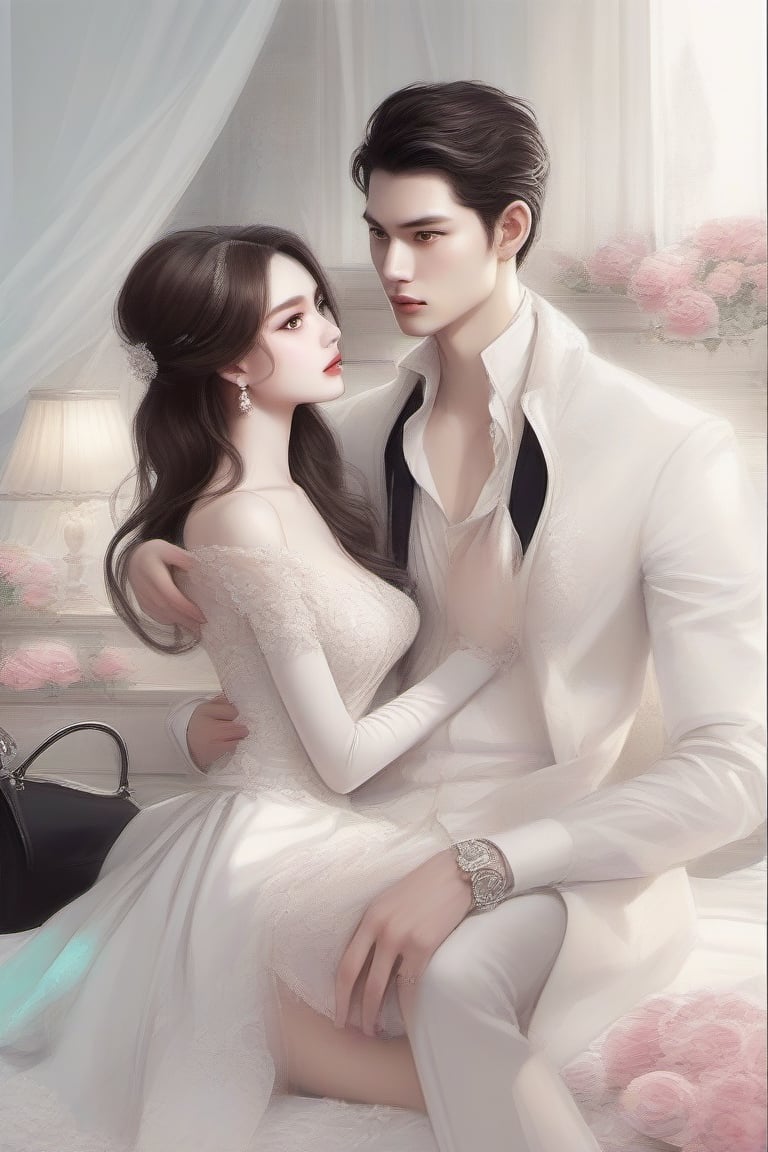 Similar like foto but human version, women in A dress look beautiful with white skin and man look poker face,  gantle and handsome 