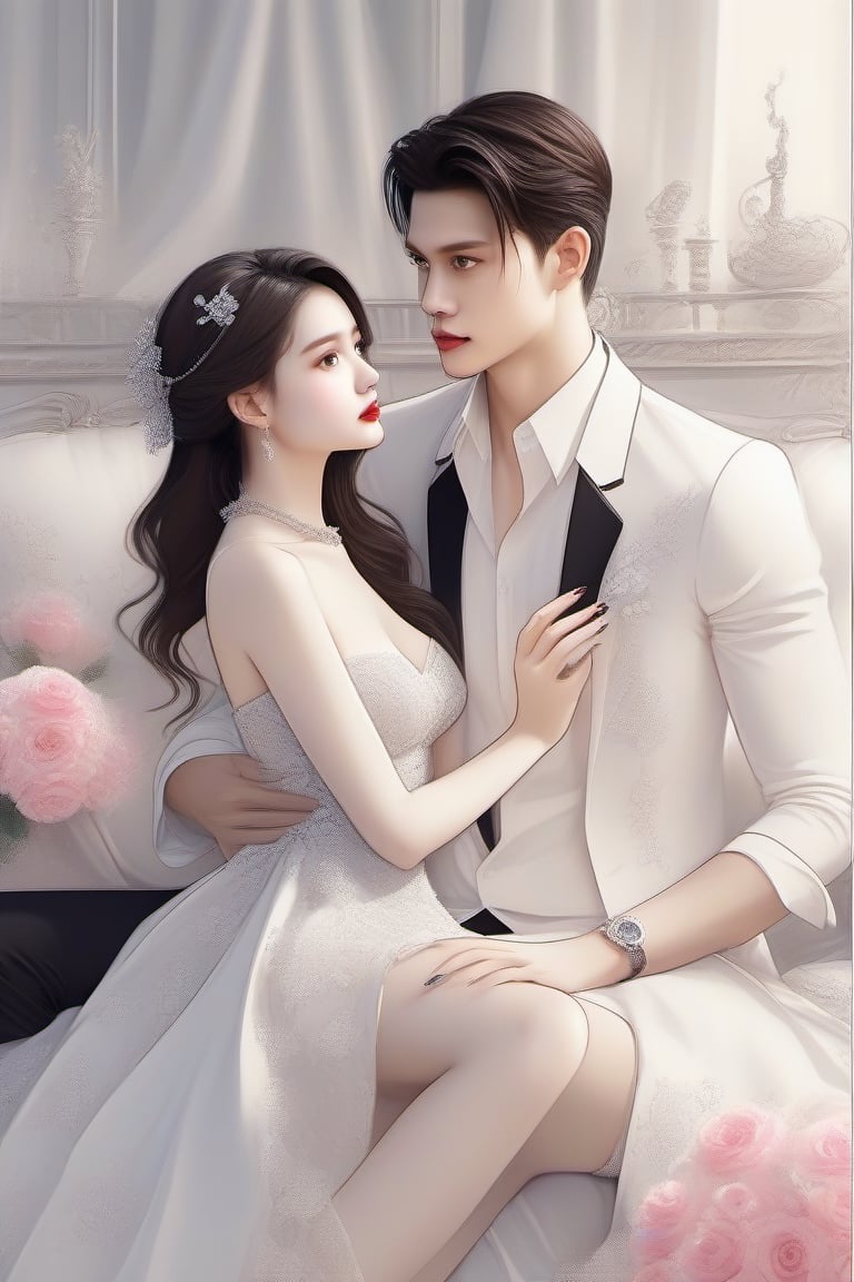 Similar like foto but human version, women in A dress look beautiful with white skin look at man, and man look poker face,  gantle and handsome and sexy abs