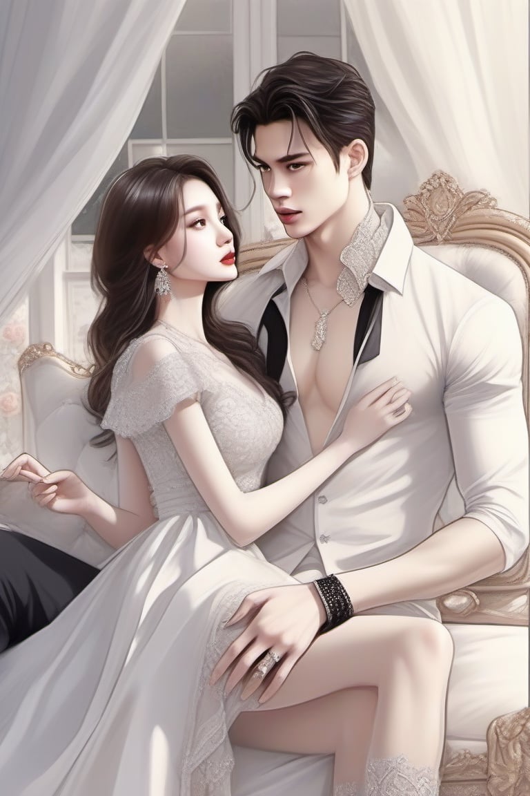 Similar like foto but human version, women in A dress look beautiful with white skin look at man, and man look poker face,  gantle and handsome and sexy abs