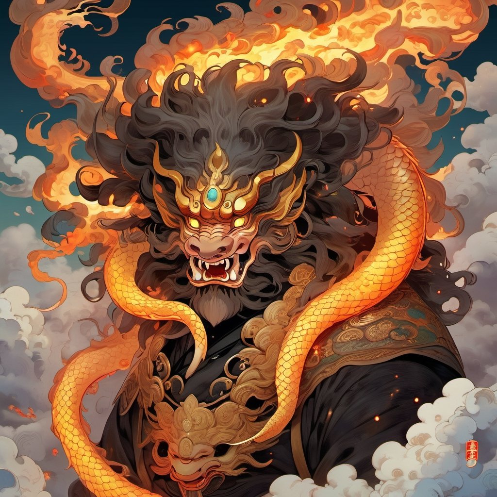 A colossal creature with a human head and human face and snake body, measuring over 500 miles in length, with hair that glows like flames.,yuhuo,long, urly face:1.0,fire,dragon,perfecteyes,mythical clouds