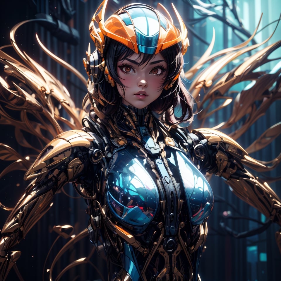 a girl,thunder Orange,tight suit,Space helmet of the 1990s,and the anime series ace,Fantastic Surrealism,Post-apocalyptic,Cute Illustration,Bio-Robotic Art,Fantasy Digital Painting,alien planet Landscapes,Space Dragon with a futurastic underwater helm Fantasy,Art,Surrealism,Geomorphologie-Kunst,Fluid Art,Underwater Photography,Biomechanical Sculpture,Kemono,Beautiful Girl Turned to the Camera,Blue Background,3D Vector Art,Greg Rutkowski,Detailedface,Detailedeyes,1 girl,yushui,mecha, dynamic pose