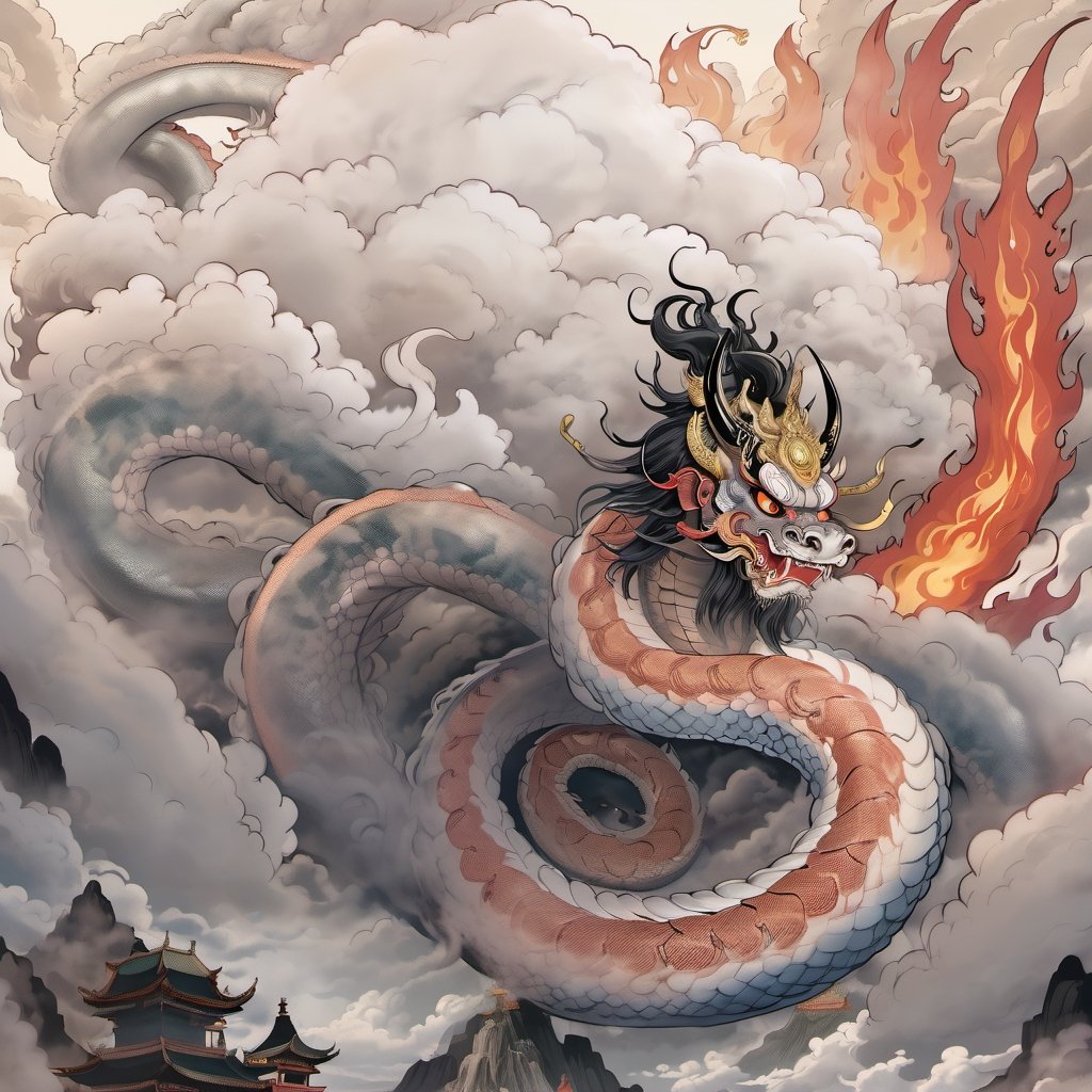 A colossal creature with a human head and human face and snake body, measuring over 500 miles in length, with hair that glows like flames.,yuhuo,long, urly face:1.0,fire,dragon,perfecteyes,mythical clouds,High detailed ,oni style, oni style head,ink scenery,chinese ink drawing, fire hair