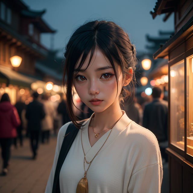 masterpiece, face focused portrait, standing, (looking at viewer:1.2), 1girl, cute face, | outdoors, garden, (night time), night, cozy lights, oriental scenery, asian garden, | futuristic city, neon lights, | depth of field, bokeh, 