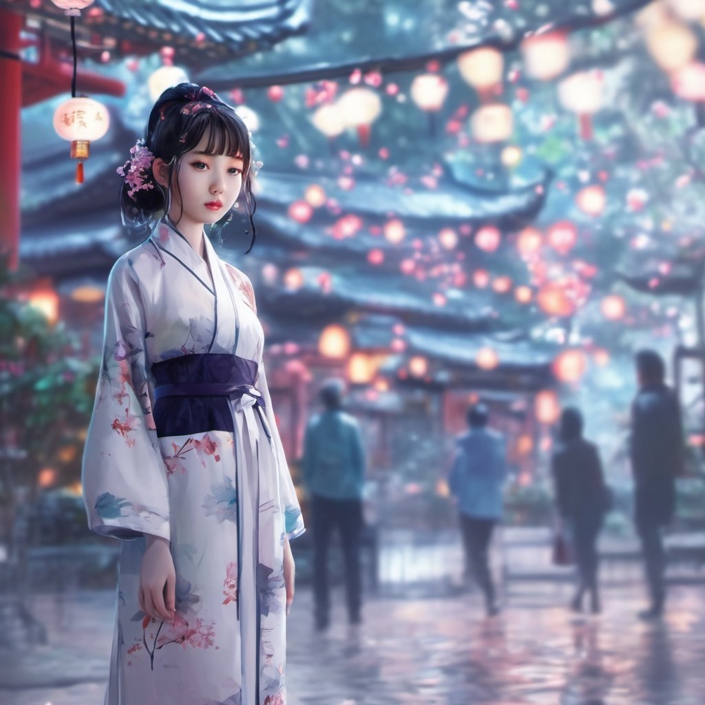 masterpiece, face focused portrait, standing, (looking at viewer:1.2), 1girl, cute face, | outdoors, garden, (night time), night, cozy lights, oriental scenery, asian garden, | futuristic city, neon lights, | depth of field, bokeh, ,Sketch,High detailed ,aodai cyber,yuhuo,3d_portrait,cyber_asia 