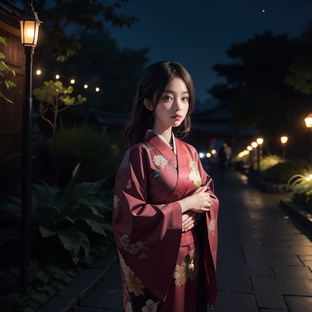 masterpiece, face focused portrait, standing, (looking at viewer:1.2), 1girl, cute face, | outdoors, garden, (night time), night, cozy lights, oriental scenery, asian garden, | futuristic city, neon lights, | depth of field, bokeh, 