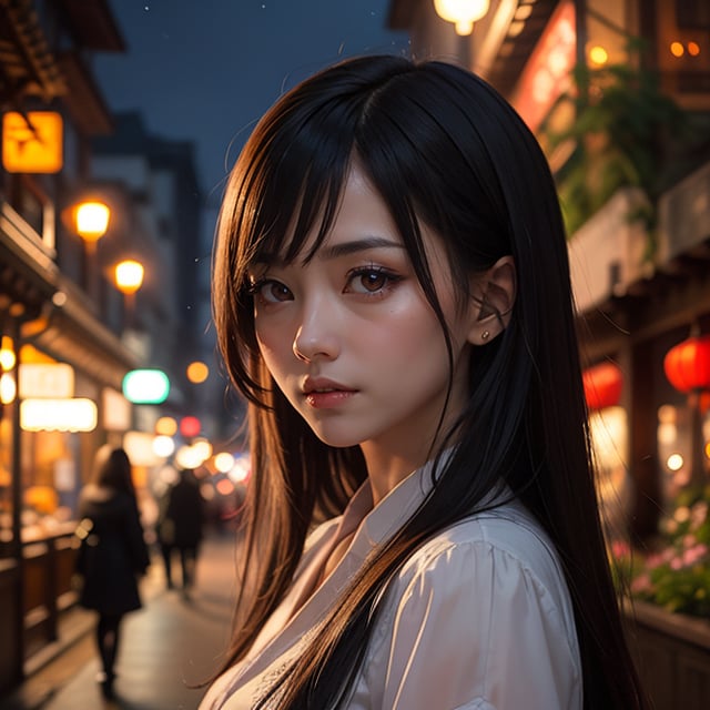 masterpiece, face focused portrait, standing, (looking at viewer:1.2), 1girl, cute face, | outdoors, garden, (night time), night, cozy lights, oriental scenery, asian garden, | futuristic city, neon lights, | depth of field, bokeh, 