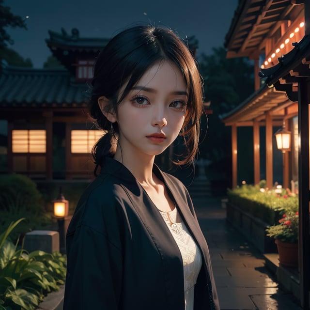 masterpiece, face focused portrait, standing, (looking at viewer:1.2), 1girl, cute face, | outdoors, garden, (night time), night, cozy lights, oriental scenery, asian garden, | futuristic city, neon lights, | depth of field, bokeh, 