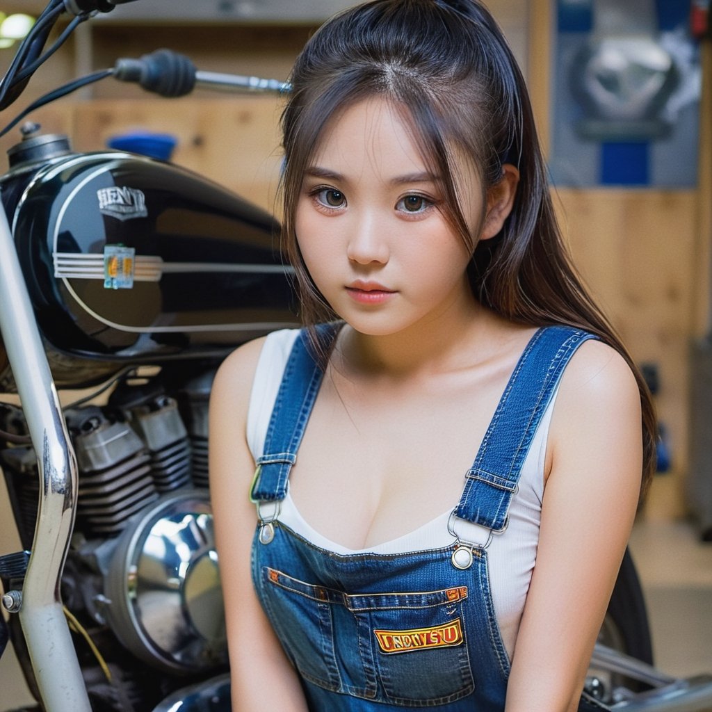 A sexy Japanese mechanic with a love for all things vintage, her overalls hugging her curves and her cowboy boots adding a touch of country charm, as she expertly repairs a motorcycle in her garage. Cowboy shock, half naked, big_boobs, perfecteyes,Jukujo, female_solo,solo,perfect face, detailed face,perfecteyes,1 girl,yuzu,xxmix_girl,cutegirlmix