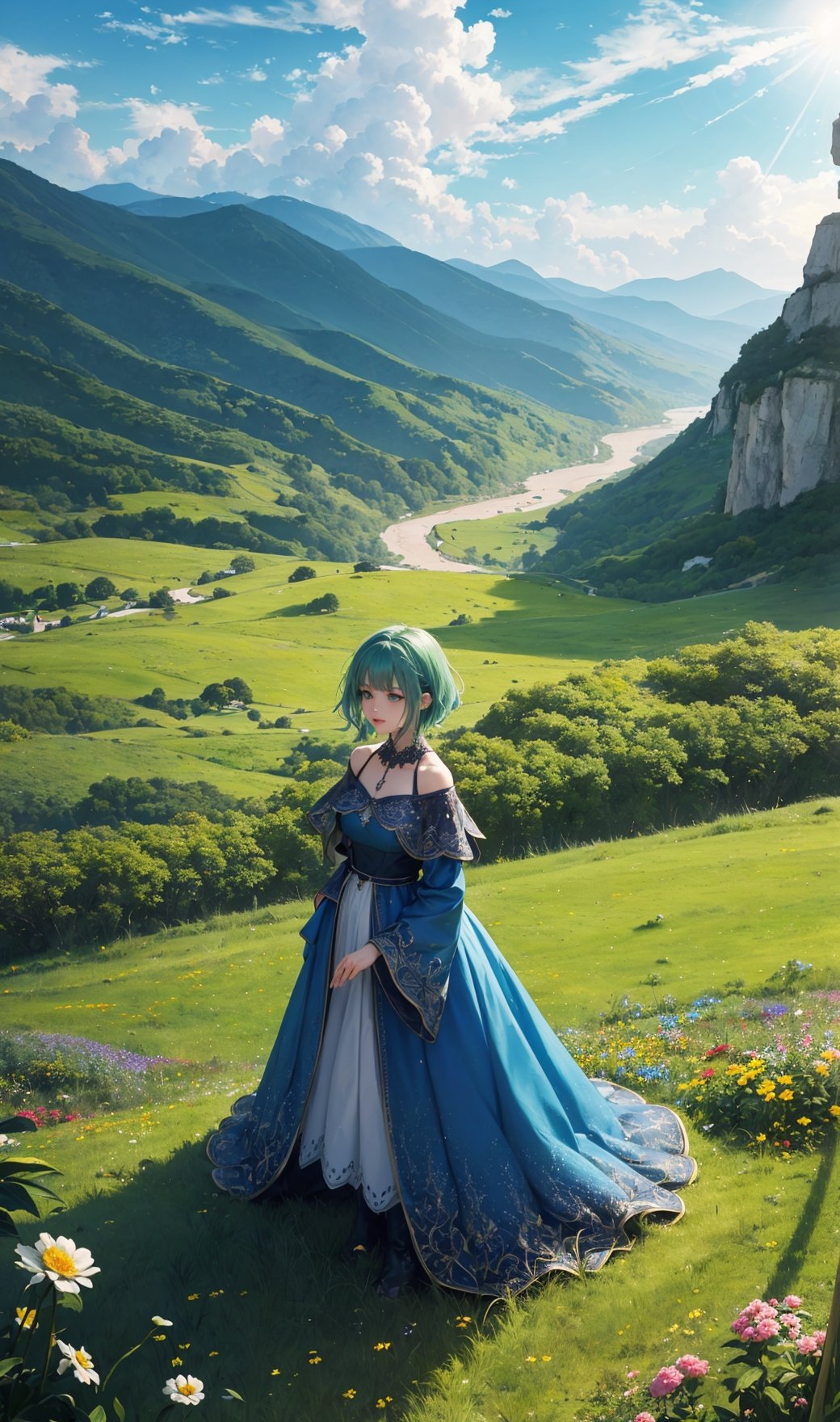 (masterpiece, best quality:1.4), (ultra-detailed, 8k, uhd), fantasy scenery, valley, beautiful, dreamlike, aesthetic art, digital art, professional artwork, immersive, mountainous horizon, other world, fantasy world, beautiful lighting, clouds in blue sky, sunbeam, natural light, vibrant colors, (grass fields, flower field), windy, reflections, ambient occlusion, godrays, wide long shot, from above, intricate details, captivating natural beauty, hyper-detailed, landscape, beautiful girl, sky blue dress, green eyes, short hair, green hair