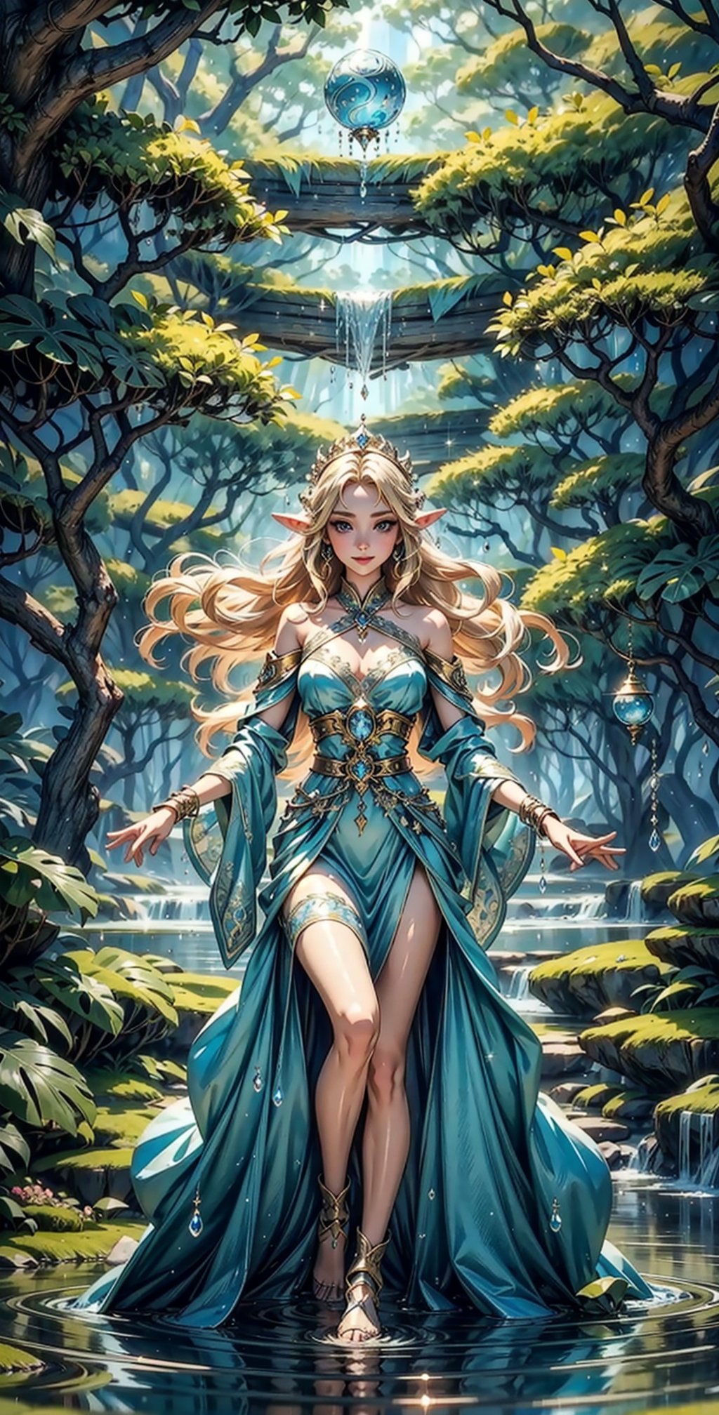 "In a realm of enchantment, a radiant elven woman stands amidst the ethereal beauty of a magical forest. Her porcelain skin seems to catch the very light that filters through the ancient trees, highlighting delicate features and a sense of timeless elegance. Clad in intricately woven garments that mirror the flora around her, she holds a staff crowned with a brilliant crystal, exuding an aura of mystic power. Her blonde hair cascades like liquid gold, framing a face adorned with a subtle touch of makeup that enhances her natural allure. Her eyes, a captivating shade of glowing blue, hold a depth of wisdom and curiosity, while her lips are poised in a gentle, enchanting smile that seems to invite the wonders of the forest to share in her presence." Full body, Harem outfit, using water magic, water ball magic, sparkle water ball