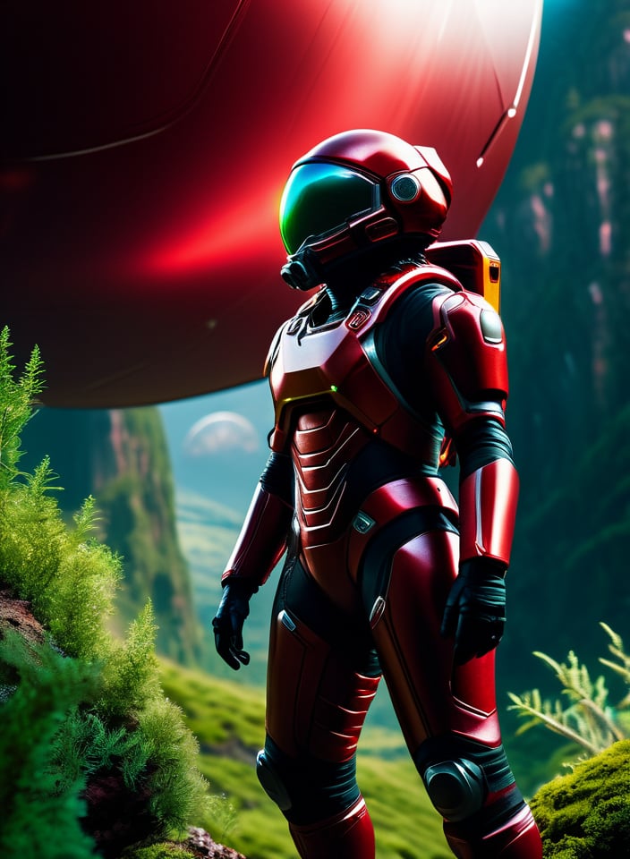 Highly detailed RAW color Photo, Rear Angle, Full Body, of (female space soldier, wearing vivid dark red , tined face shield, rebreather, accentuated booty), outdoors, (looking up at advanced alien structure), toned body, big butt, (sci-fi), (mountains:1.1), (lush green vegetation), (two moons in sky:0.8), (highly detailed, hyperdetailed, intricate), (lens flare:0.7), (bloom:0.7), particle effects, raytracing, cinematic lighting, shallow depth of field, photographed on a Sony a9 II, 50mm wide angle lens, sharp focus, cinematic film still from Gravity 2013, (NSFW)