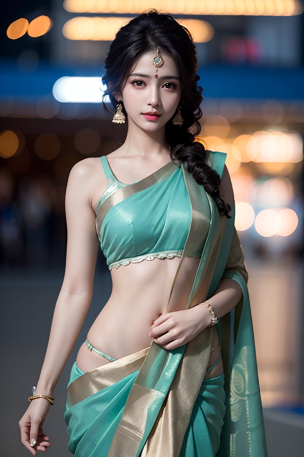 (best quality, masterpiece:1.2),ultra detailed,(photo realistic:1.4),sexy ladys,hot,night beach,blurry_light_background,saree