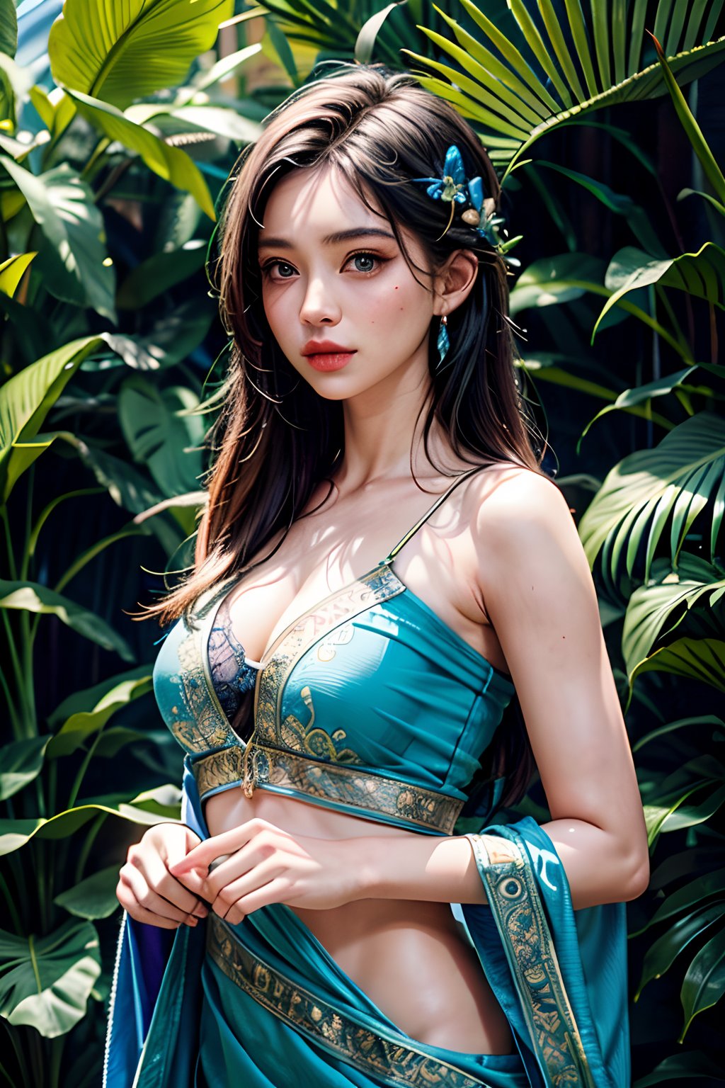 fashion photography of blue human avatar, 1girl, in blue lush jungle with flowers and birds, sci-fi, fantasy, 3d render, symetrical, octane render, hdr, (intricate details, hyperdetailed:1.2), (natural skin texture, hyperrealism, soft light, sharp:1.2),saree