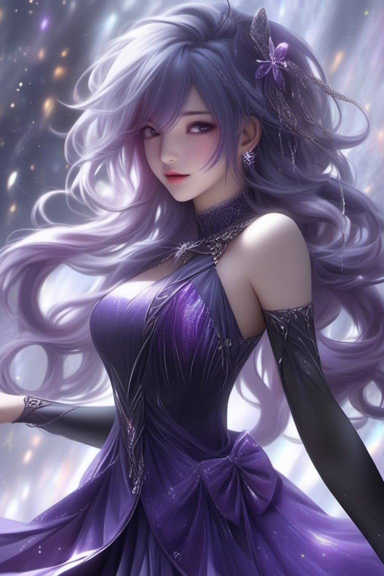 ((masterpiece:1.4)), ((best quality:1.4)), ((ultra_highres)), 8k, 1girl, purple_hair, glitters, super HD, dark, upper_body, purple dress, ultra_detailed, pixiv, trending on danbooru, ((anime style)), niji-5,hot