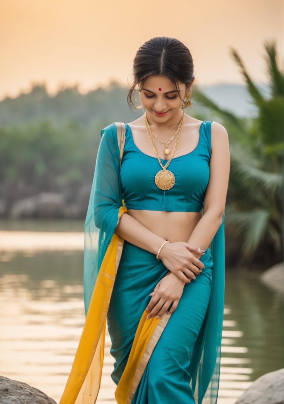 xxmix_girl,a woman in a saree is leaning over a body of water with her hands on her hips and smiling seting on a rock