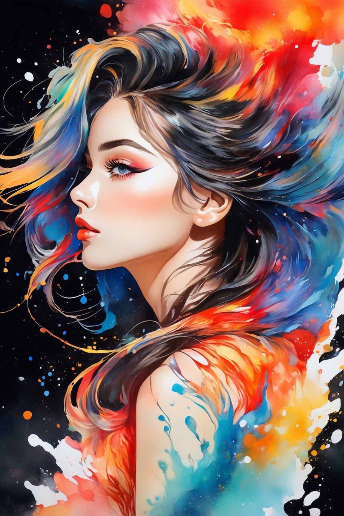 Colorful beautiful woman, a woman 25-years old, multiple color messy hair, watercolor, nice perfect face, multiple colors, intricate detail, splash screen, 8k resolution, masterpiece, cute face,art station digital painting smooth veryBlack ink flow, 8k resolution photorealistic masterpiece, intricately detailed fluid gouache painting, calligraphy, acrylic, watercolor art, professional photography, natural lighting, volumetric lighting maximalist, complex, elegant, expansive, fantastical,dfdd,Xxmix_Catecat,dripping paint,Leonardo Style