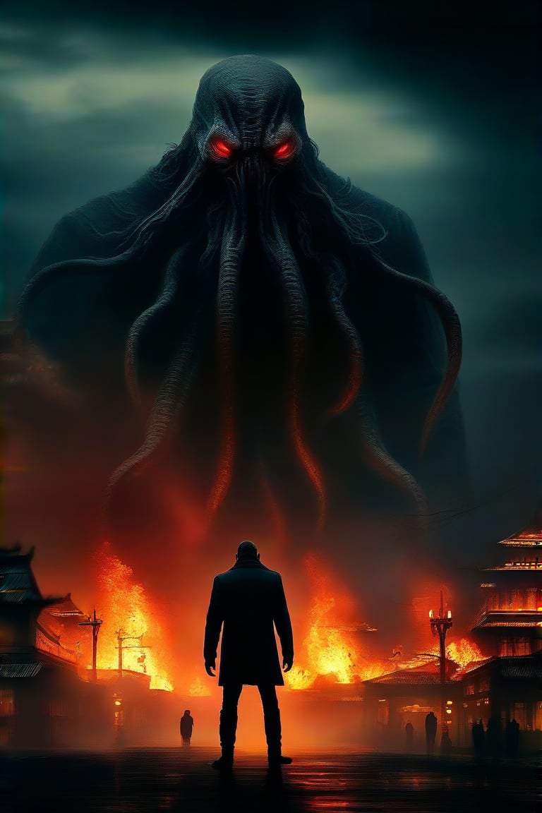 Cthulhu stands over the city where fires are going on , cold lighting , gloomy atmosphere like from horror films , realistic picture . 