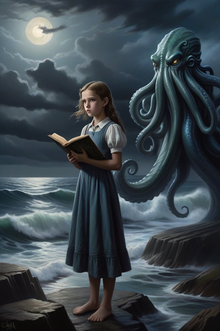  Description: The painting depicts a mysterious girl surrounded by a mystical atmosphere. She stands on a rocky shore, washed by the waves, gazing into the distance. In her hands, she holds an ancient scroll with unusual symbols. Strange sea creatures and fish float around her, and in the distance, the silhouette of Cthulhu, a gigantic sea monster from the mythology of H.P. Lovecraft, is visible. Moonlight casts its rays on the girl, creating a mysterious illumination and emphasizing her enigmatic nature. Dark clouds and a turbulent sea are visible in the background, adding drama to the scene.
Style: The painting is executed in a realistic style using oil paints. Shades of blue and gray dominate the palette, creating a cold and mysterious mood. The details of the girl and Cthulhu are meticulously rendered to convey their realism and expressiveness. The use of chiaroscuro and the play of light adds volume and depth to the image. The overall style aims to create an effect of mystique and intrigue, immersing the viewer in the atmosphere of a mythological world.