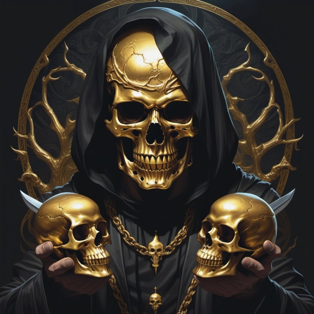 A man with a golden skull instead of a head, in black clothes, dark fantasy  Dan Mumford
