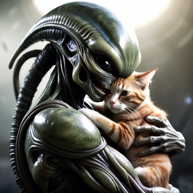 Alien from the movie Alien hugs a cat, realistic picture like from the movie