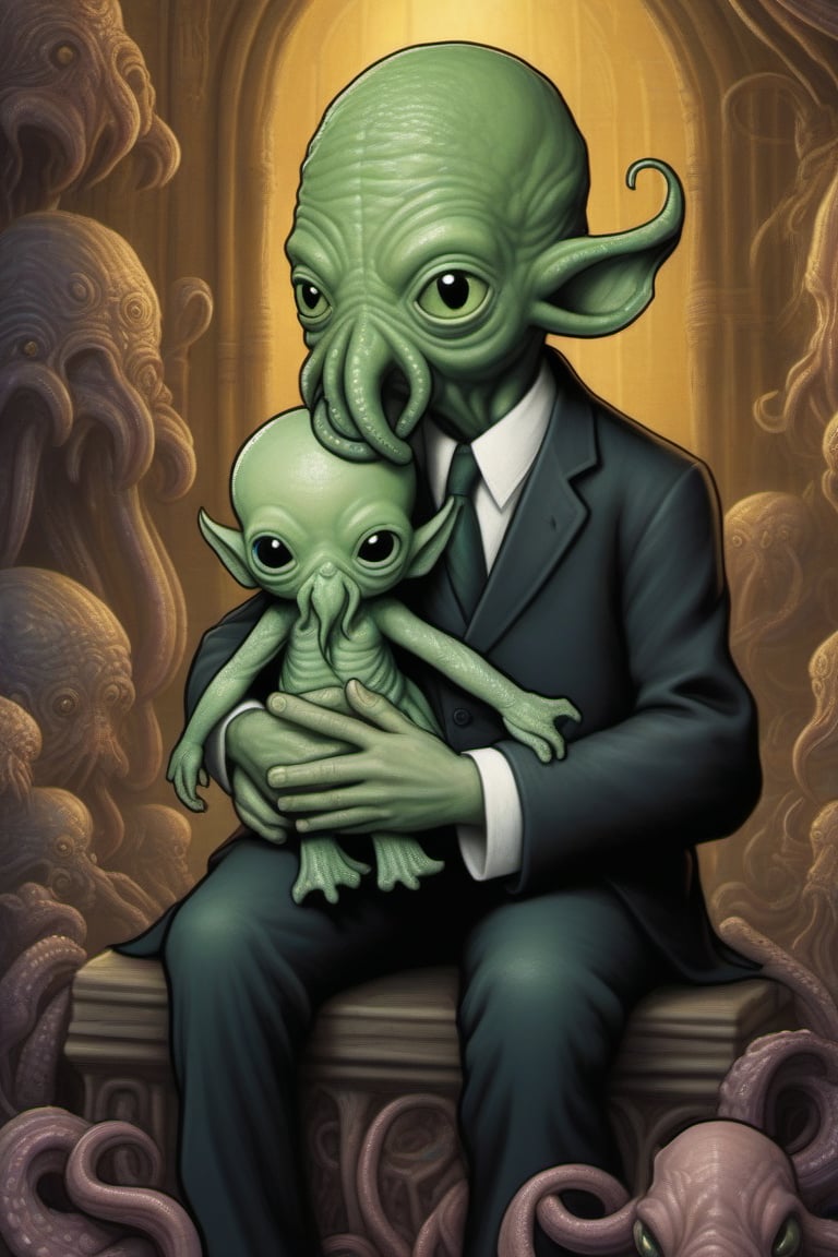 Baby Cthulhu sits in the arms of Howard Lovecraft,more detail XL