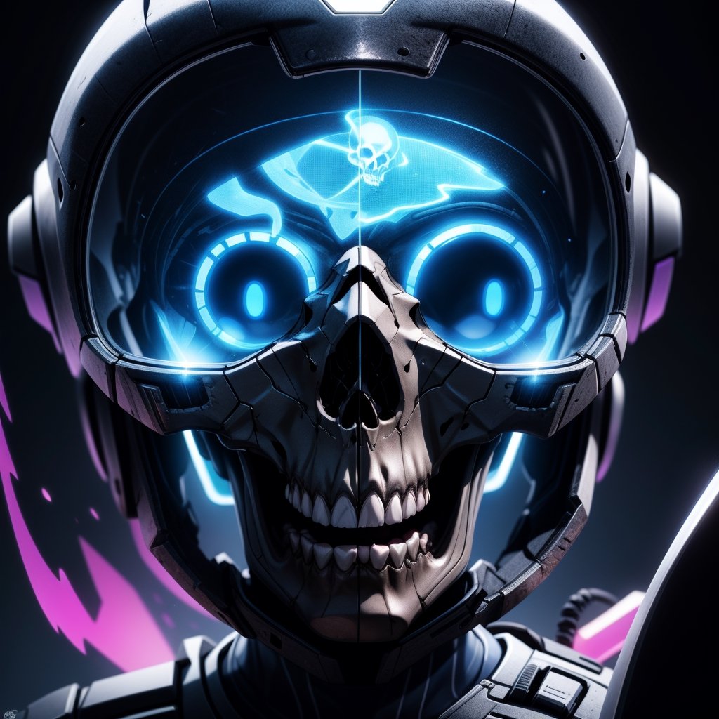 a close up of a skull on a black background, in a cyber - punk ally, retrowave style , dead soldiers,  transparent ghost screaming, blue image, , old skin, robotic face
