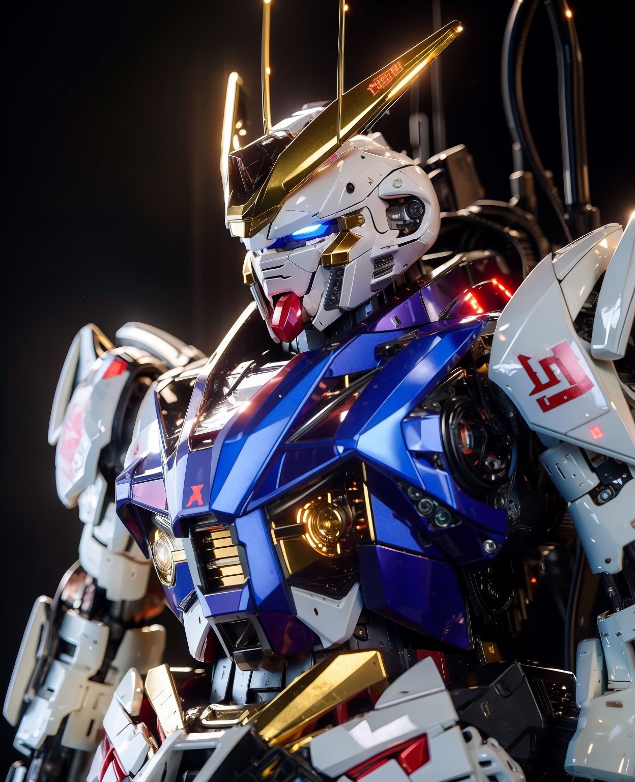 BJ_Gundam, solo,full body,Metal mecha,blue_eyes, holding, weapon, holding_weapon, no_humans, glowing, robot, mecha, science_fiction, open_hand, v-fin,cinematic lighting,strong contrast,Best quality,masterpiece,(perfect fit:0.85),photo-realistic,BJ_Gundam