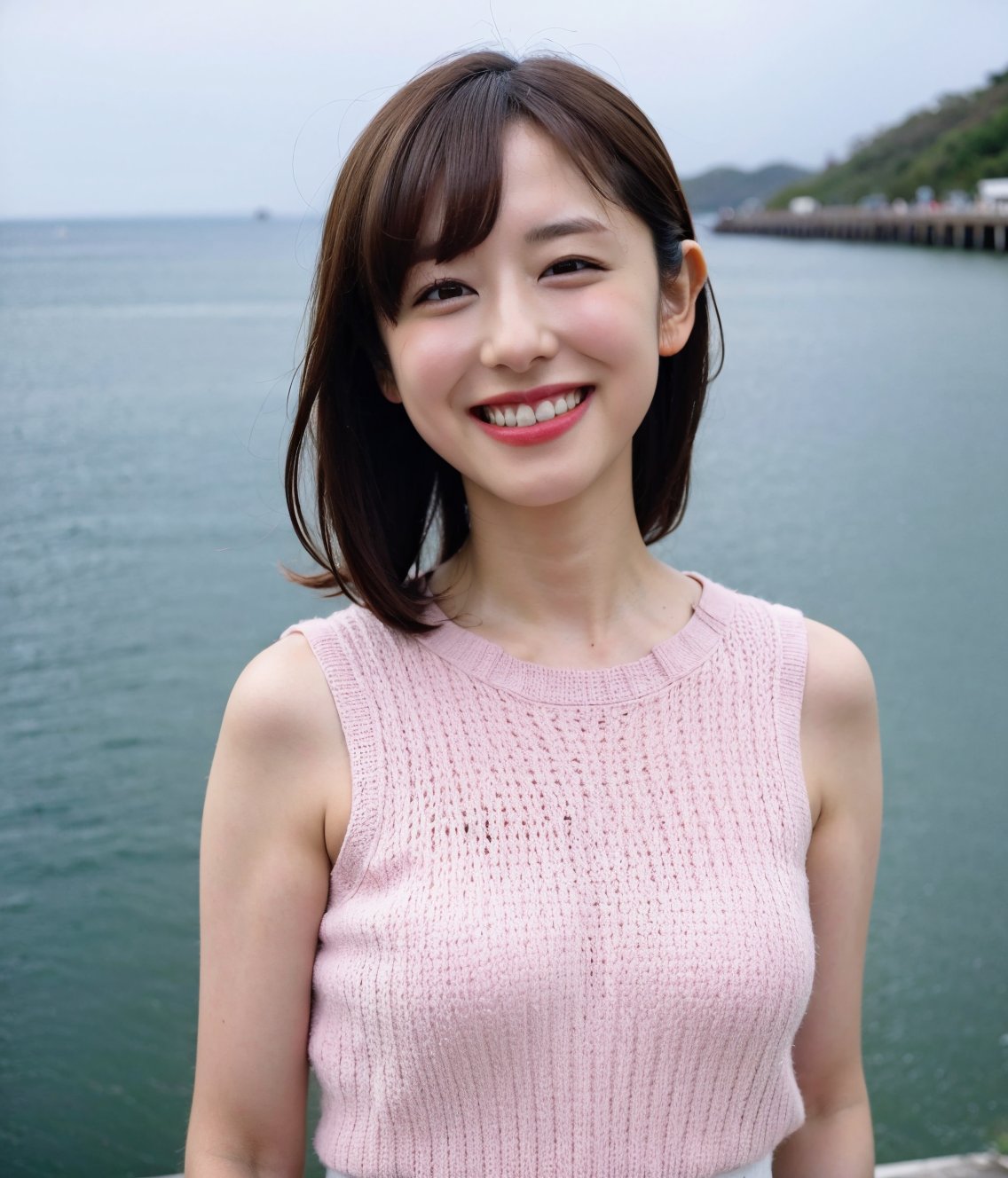 (Best Quality,8K,Raw photo,Realistic,High resolution:1.2),(light brown hair),Ultra mini skirt,(upper body:1.2),Looking at Viewer, ,(portrait:1.2),(at sunshine beach),ocean,grin, sleeveless knit shirt,thin fit shirt,takenakatomoka,saitochiharu