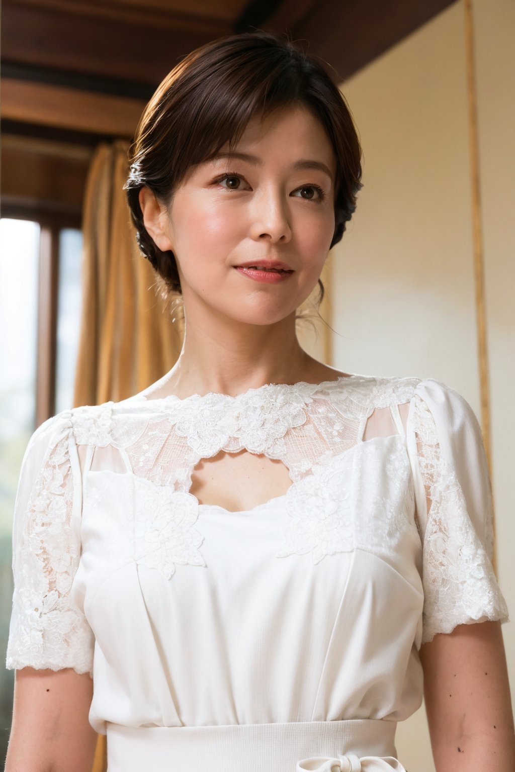 40 yo milf, Best quality, raw photo, photorealism, UHD, lifelike rendering, (upper body portrait:1.2), Photo of stunningly Beautiful japanese milf, stunning, medium dark brown hair, natural  medium-large breasts, curvy figure, long-legged, pale skin, skin pores, daily outfit, white ornate embroidered tulle-chiffon dripped loose dress, sharp focus, smile, gaze at viewer, from below, closed to up, thighs focus, detailed eyes, exquisite facial, detailed real skin texture, detailed fabric rendering, daylight, ray tracing ,sawaguchiyasuko