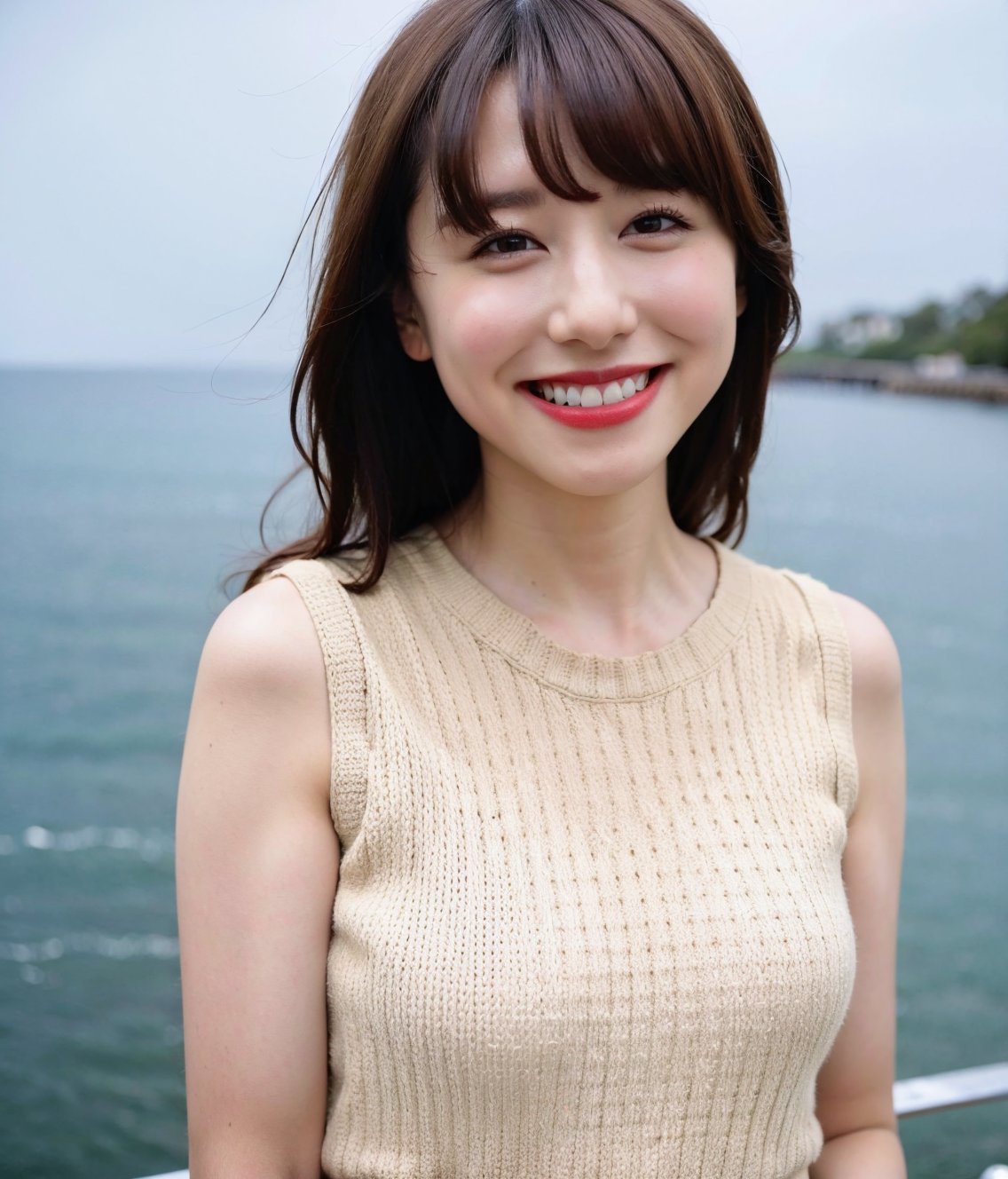 (Best Quality,8K,Raw photo,Realistic,High resolution:1.2),(light brown hair),Ultra mini skirt,(upper body:1.2),Looking at Viewer, ,(portrait:1.2),(at sunshine beach),ocean,grin, sleeveless knit shirt,thin fit shirt,takenakatomoka,saitochiharu