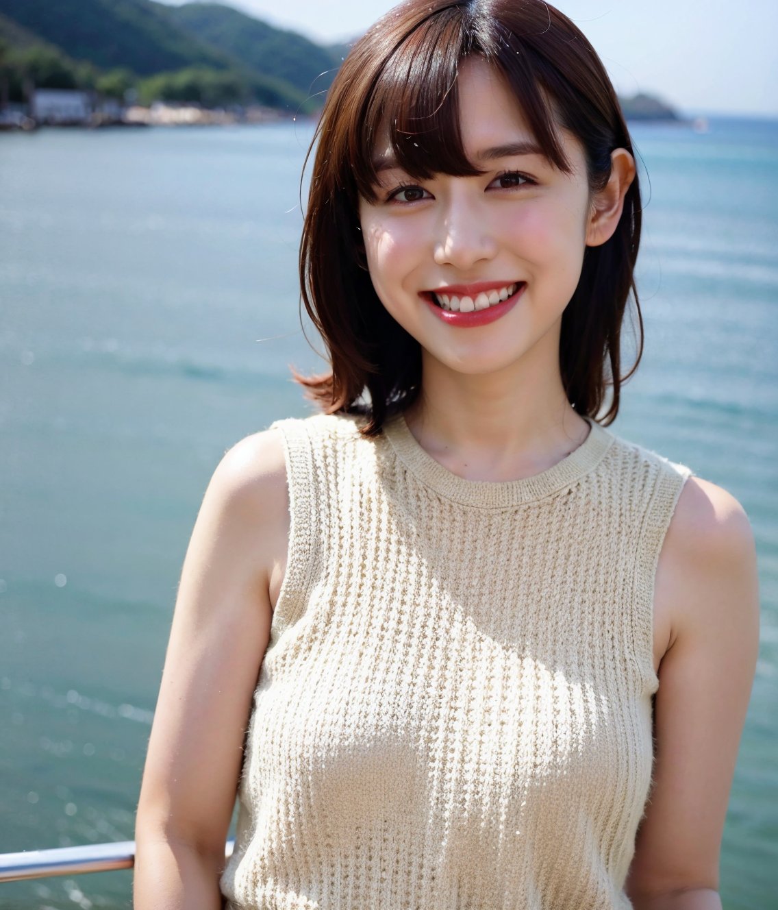 (Best Quality,8K,Raw photo,Realistic,High resolution:1.2),(light brown hair),Ultra mini skirt,(upper body:1.2),Looking at Viewer, ,(portrait:1.2),(at sunshine beach),ocean,grin, sleeveless knit shirt,thin fit shirt,takenakatomoka,saitochiharu