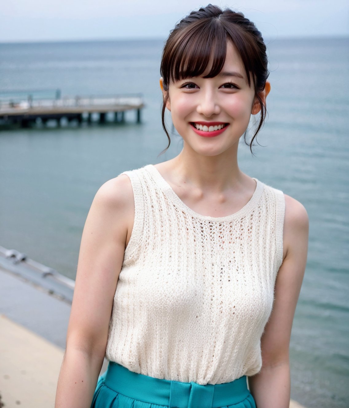 (Best Quality,8K,Raw photo,Realistic,High resolution:1.2),(light brown hair),Ultra mini skirt,(upper body:1.2),Looking at Viewer, ,(portrait:1.2),(at sunshine beach),ocean,grin, sleeveless knit shirt,thin fit shirt,takenakatomoka,saitochiharu