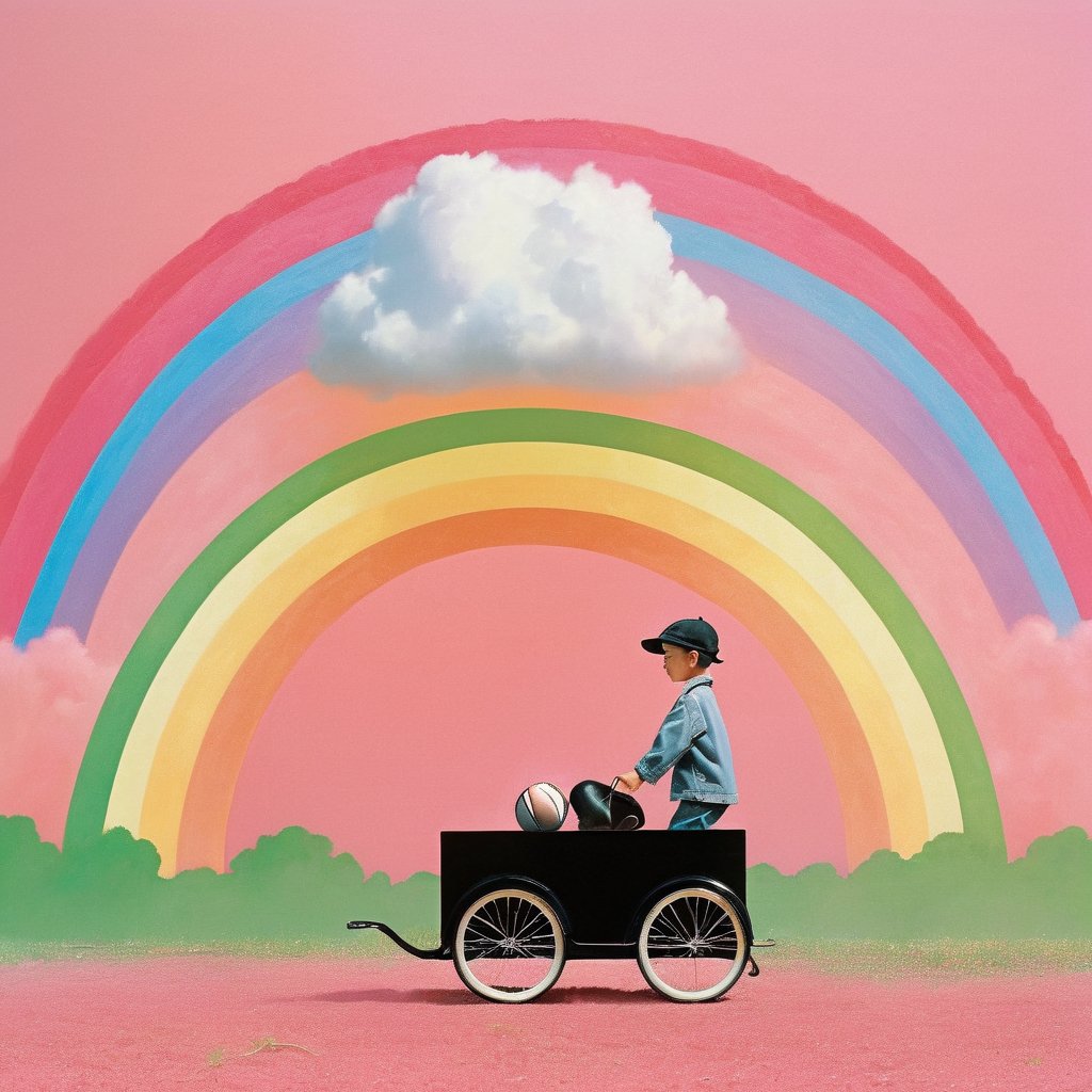 best quality,FieldSauce, rainbow, 1boy, hat, male focus, solo, pink background, bicycle, baseball cap, ground vehicle, cloud, black footwear, sky