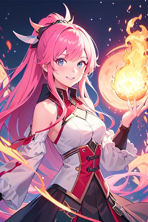 high quality,  anime, girl, long hair, using fire magic
