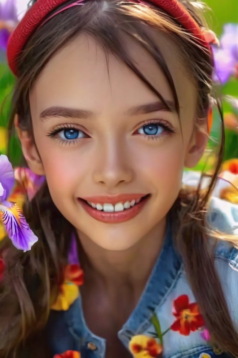 dramatic lighting, (highly detailed face:1.4),, Ultimate Cute Face:1.5, smile:1.0, long hair,Hair fluttering in the wind. perfect eyes, realistic iris, (in a fild of flowers), She is wearing random clothing. 1 Girl, ((torso visible)), Ultra High Resolution, (Realistic: 1.4), RAW Photo, Best Quality, (Photorealistic Stick), Focus, Soft Light, (depth of field), masterpiece, (realistic), woman, bangs

