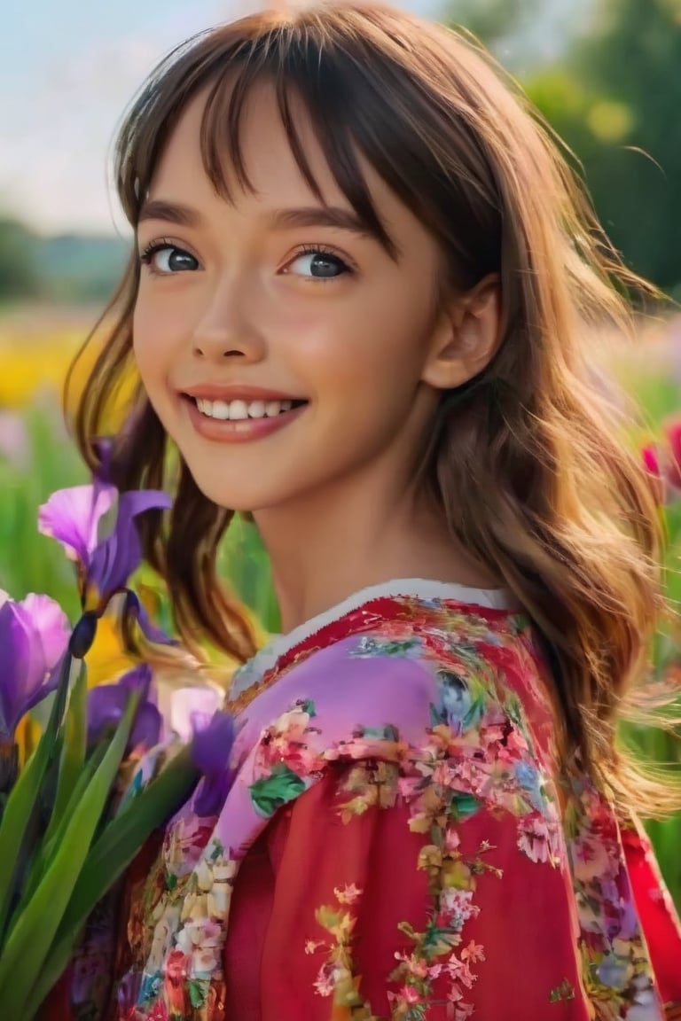 dramatic lighting, (highly detailed face:1.4),, Ultimate Cute Face:1.5, smile:1.0, long hair,Hair fluttering in the wind. perfect eyes, realistic iris, (in a fild of flowers), She is wearing random clothing. 1 Girl, ((torso visible)), Ultra High Resolution, (Realistic: 1.4), RAW Photo, Best Quality, (Photorealistic Stick), Focus, Soft Light, (depth of field), masterpiece, (realistic), woman, bangs

