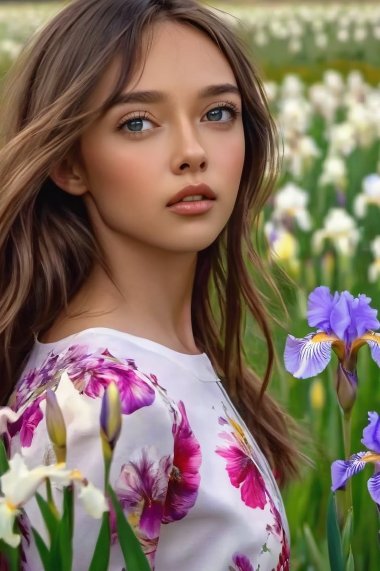 dramatic lighting, (highly detailed face:1.4), long hair,Hair fluttering in the wind. perfect eyes, realistic iris, (in a fild of flowers), She is wearing random clothing. 1 Girl, ((torso visible)), Ultra High Resolution, (Realistic: 1.4), RAW Photo, Best Quality, (Photorealistic Stick), Focus, Soft Light, (depth of field), masterpiece, (realistic), woman, bangs

