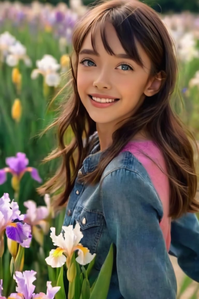 dramatic lighting, (highly detailed face:1.4),, Ultimate Cute Face:1.5, smile:1.0, long hair,Hair fluttering in the wind. perfect eyes, realistic iris, (in a fild of flowers), She is wearing random clothing. 1 Girl, ((torso visible)), Ultra High Resolution, (Realistic: 1.4), RAW Photo, Best Quality, (Photorealistic Stick), Focus, Soft Light, (depth of field), masterpiece, (realistic), woman, bangs

