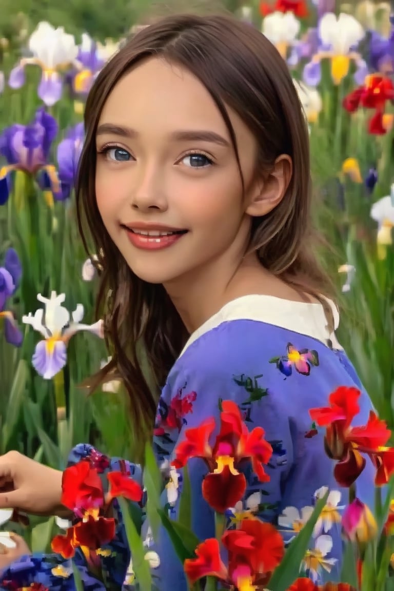 dramatic lighting, (highly detailed face:1.4),, Ultimate Cute Face:1.5, smile:1.0, long hair,Hair fluttering in the wind. perfect eyes, realistic iris, (in a fild of flowers), She is wearing random clothing. 1 Girl, ((torso visible)), Ultra High Resolution, (Realistic: 1.4), RAW Photo, Best Quality, (Photorealistic Stick), Focus, Soft Light, (depth of field), masterpiece, (realistic), woman, bangs

